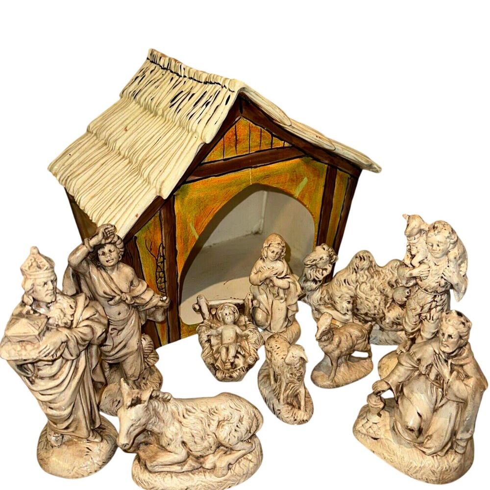 Vintage Atlantic Mold Ceramic 11pc Manger Nativity Set Handmade Handpainted Xmas
